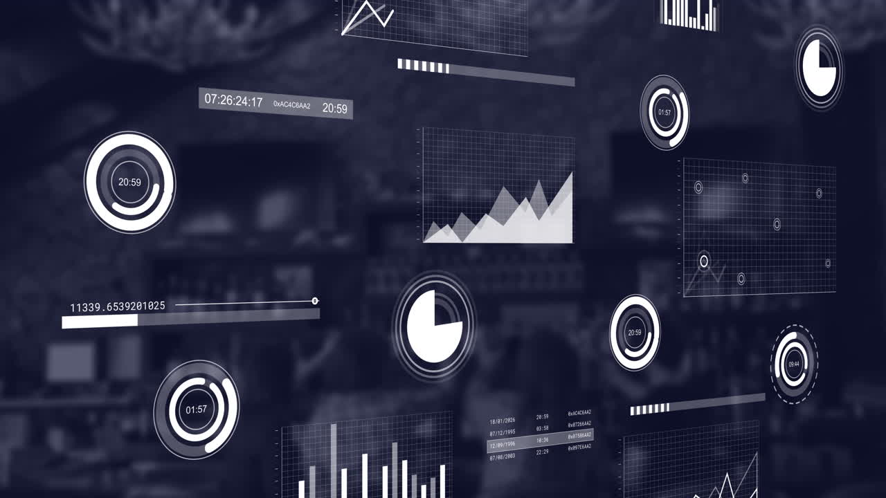 animación de múltiples gráficos que se mueven sobre la cafetería