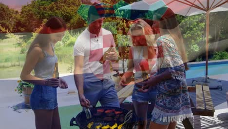 animation of flag of croatia over diverse group of friends having party outdoors