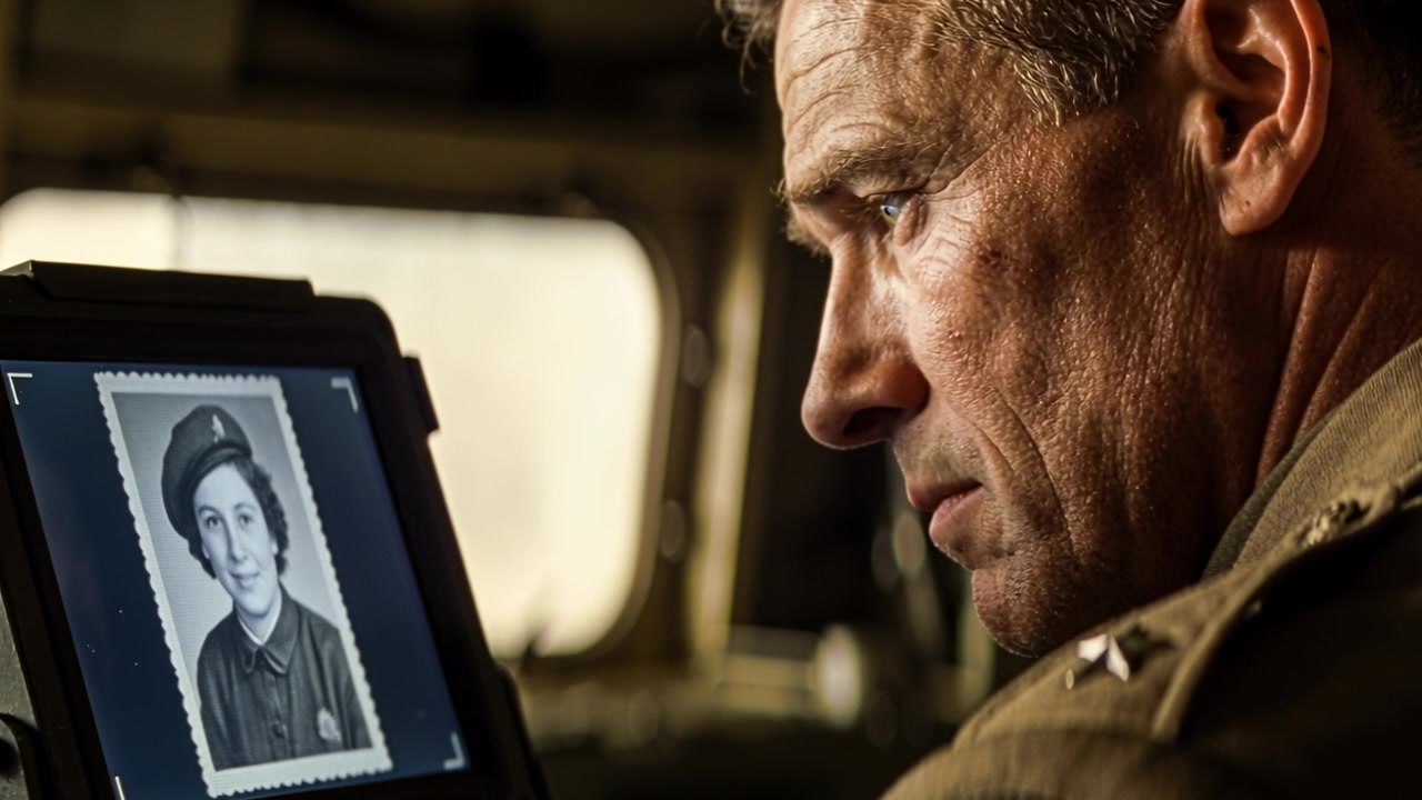 Studying middle-aged man in jacket viewing monitor showing b or w portrait in aircraft, remembering