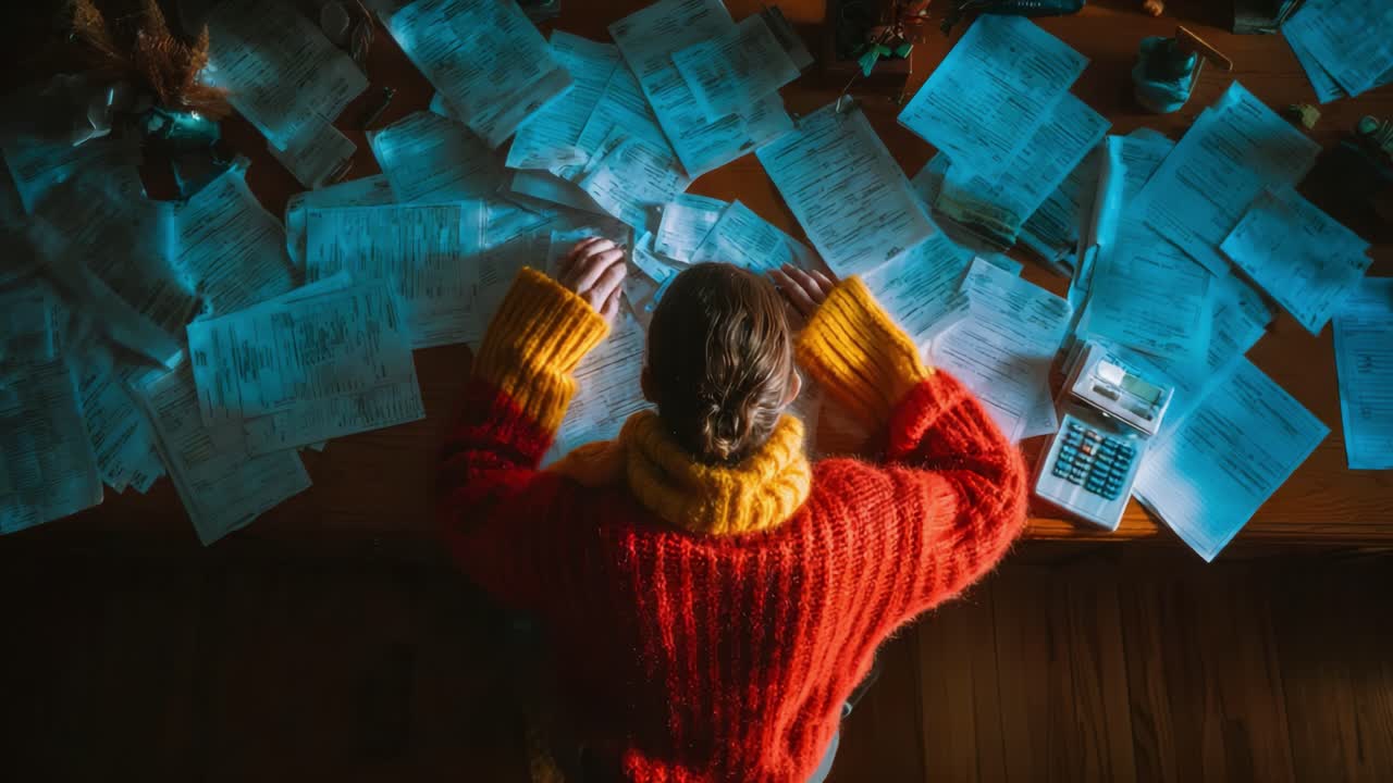 An Overwhelmed Individual Surrounded by Papers and a Calculator, Struggling to Organize Finances in a Cozy Environment, Illuminated by Soft Ambient Light