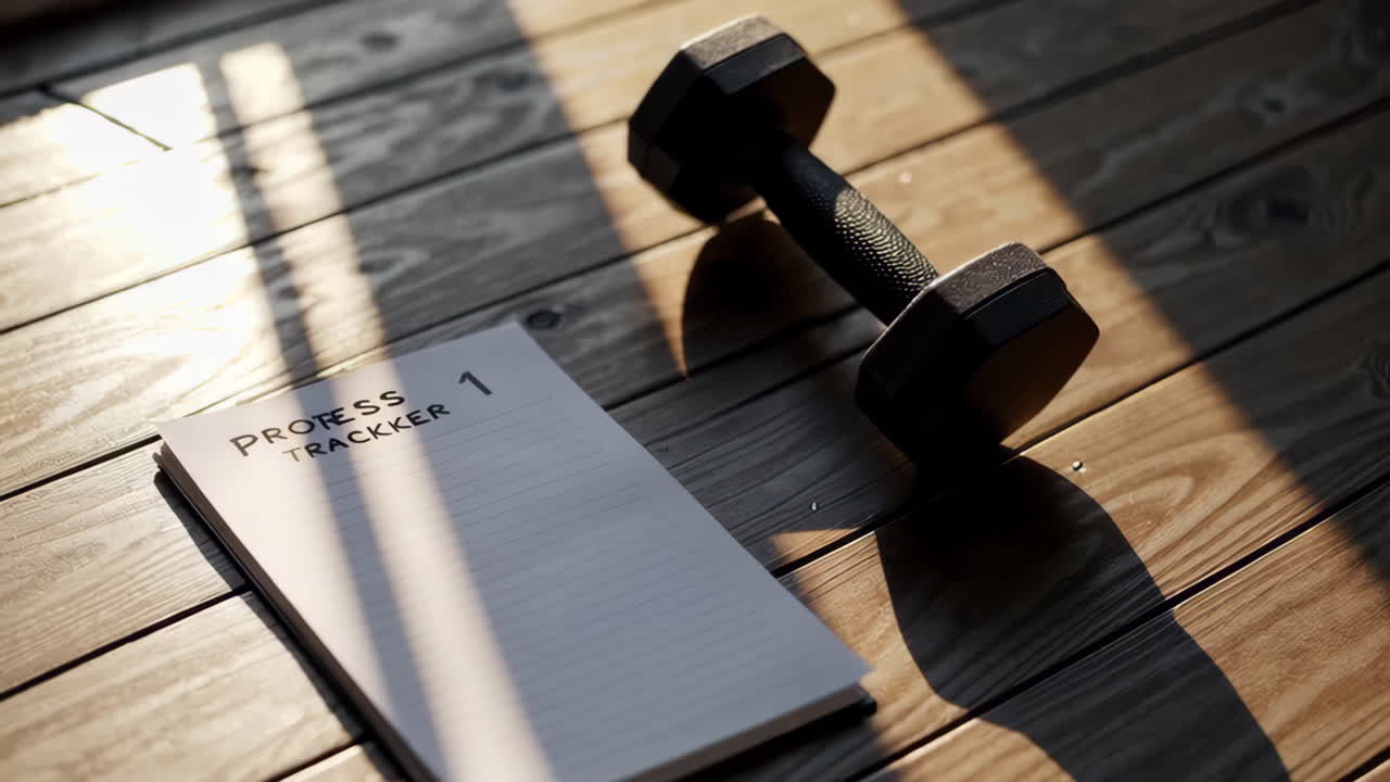 Workout Routine with Dumbbell and Notebook