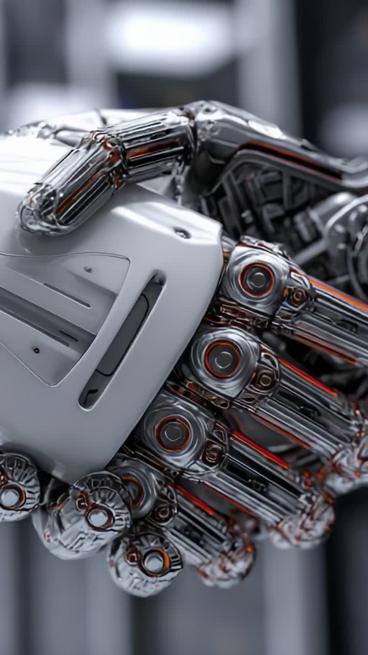 A Close-Up of a Futuristic Robotic Hand Gripping a Sleek Device, Showcasing Advanced Technology and Meticulous Design in a High-Tech Environment