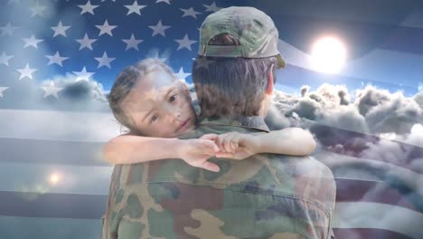 conceptual digital animation showing a child hugging the american soldier on home returning 4k