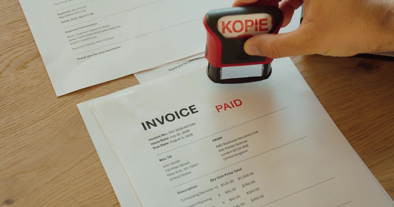 Stemple en faktura med et kopistempel. Ideelt for regnskap, bokføring, kontoradministrasjon og konsepter for dokumenthåndtering