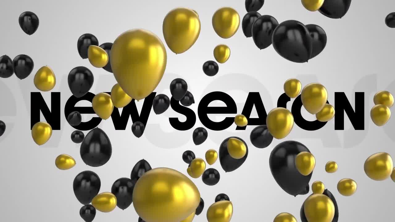 Animazione di testo 'nuova stagione' e palloncini su sfondo bianco