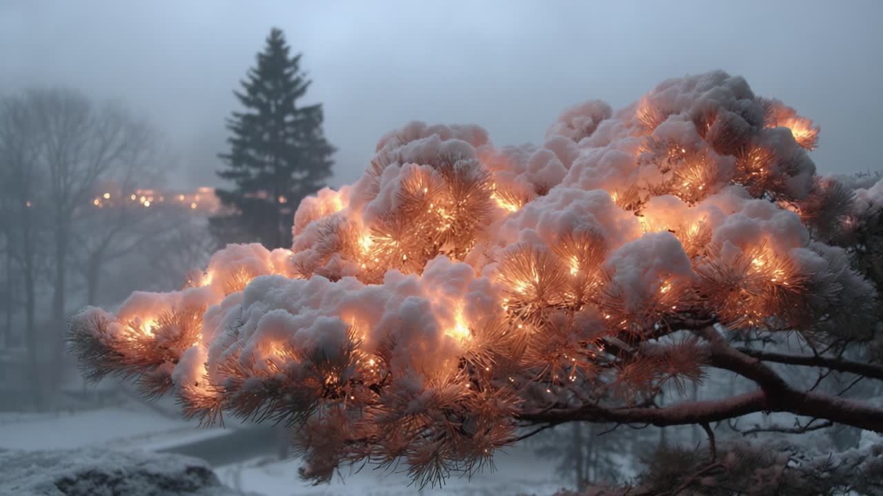 Winter Wonderland: A Snow-Covered Pine Tree Glittering with Warm Lights in a Misty, Enchanting Landscape of Frost and Glow