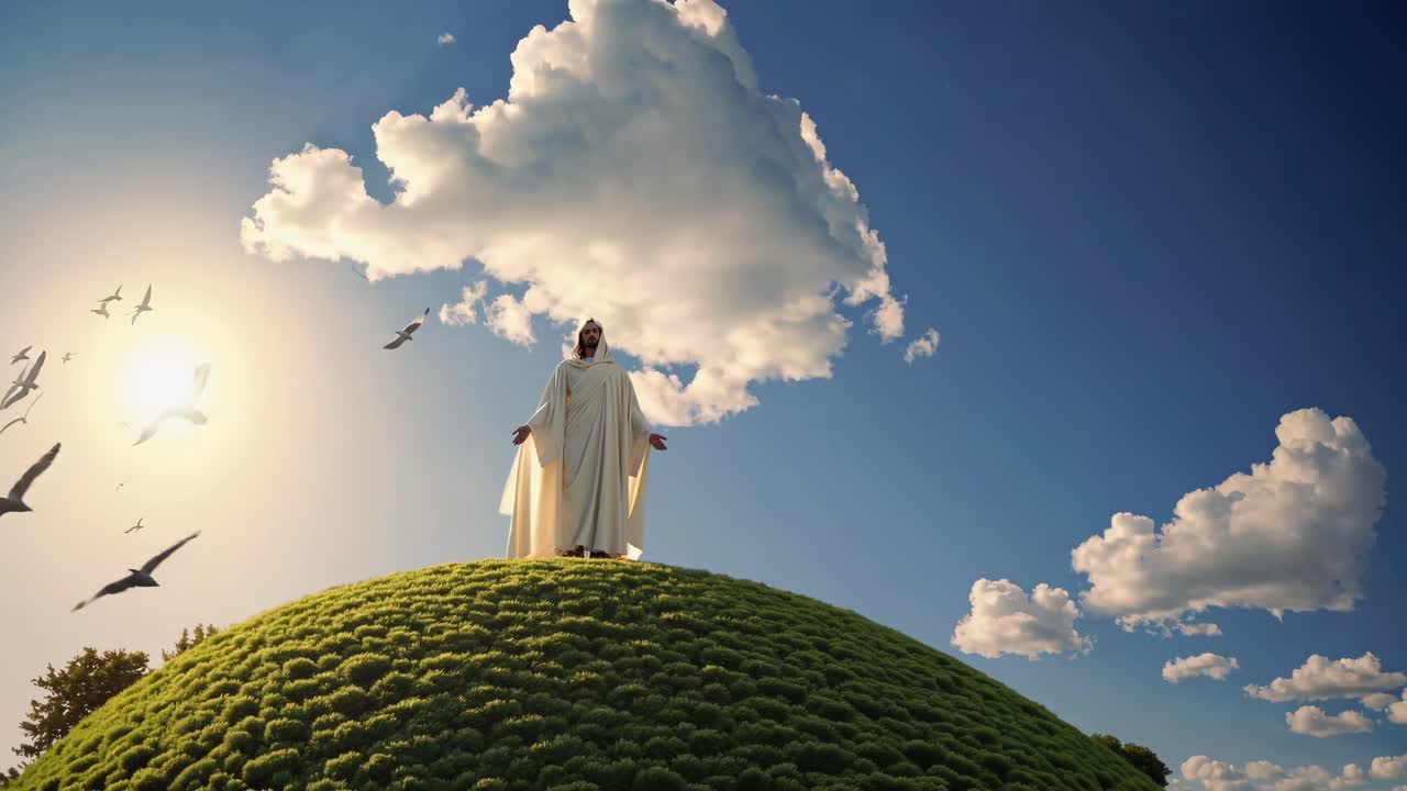 A low-angle video shot of a person in a robe standing on a grassy hilltop, surrounded by birds