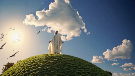 a low-angle video shot of a person in a robe standing on a grassy hilltop, surrounded by birds