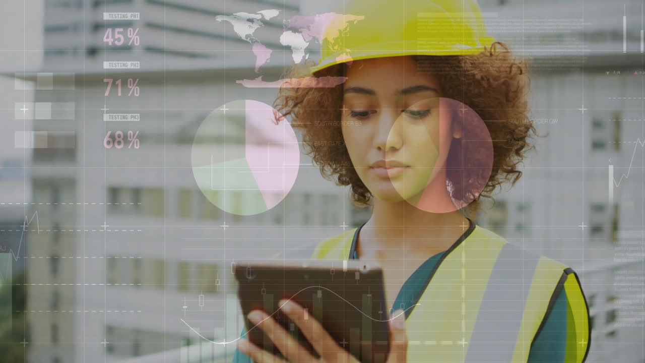 animación de procesamiento de datos y diagramas sobre una trabajadora biracial usando una tableta