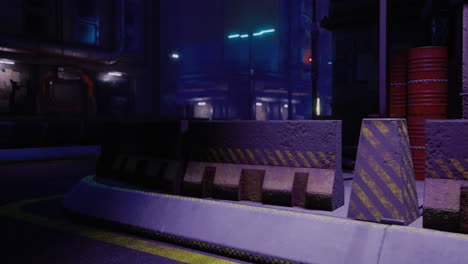 urban nightscape featuring neon lights and industrial infrastructure