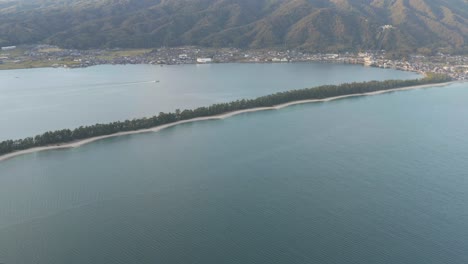 wide aerial view of amanohashidate, kyoto japan