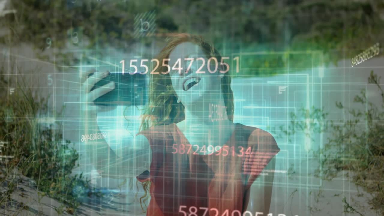 Woman taking selfie over digital data and grid animation in outdoor setting
