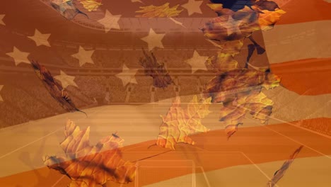Animation-of-leaves-over-flag-of-usa-and-stadium