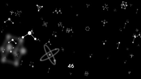 digital animation of increasing numbers over molecular structures floating against black background