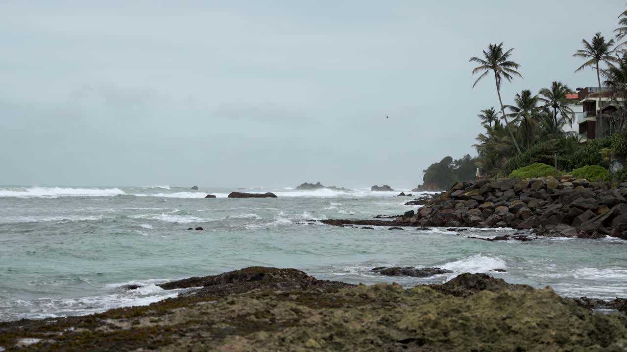 열대 나무 근처의 바위 해안선은 바다의 파도와 함께 구름이 많은 날입니다. 느린 움직임