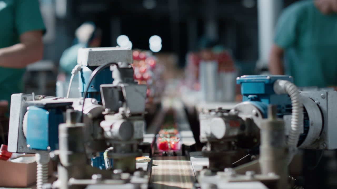 Manufacture workers packing tomatoes conveyor machine with vegetables closeup