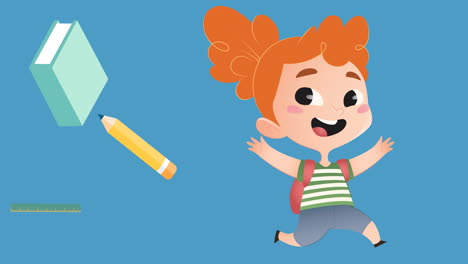 animación de iconos digitales de escolares y artículos escolares en fondo azul
