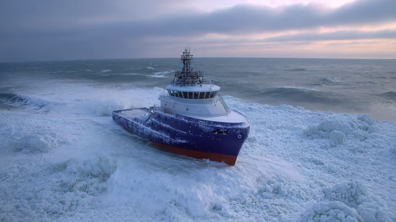 A Powerful Icebreaker Vessel Navigates Through Chaotic Sea Conditions, Battling Ice and Waves in a Dramatic Display of Strength and Engineering at Dusk