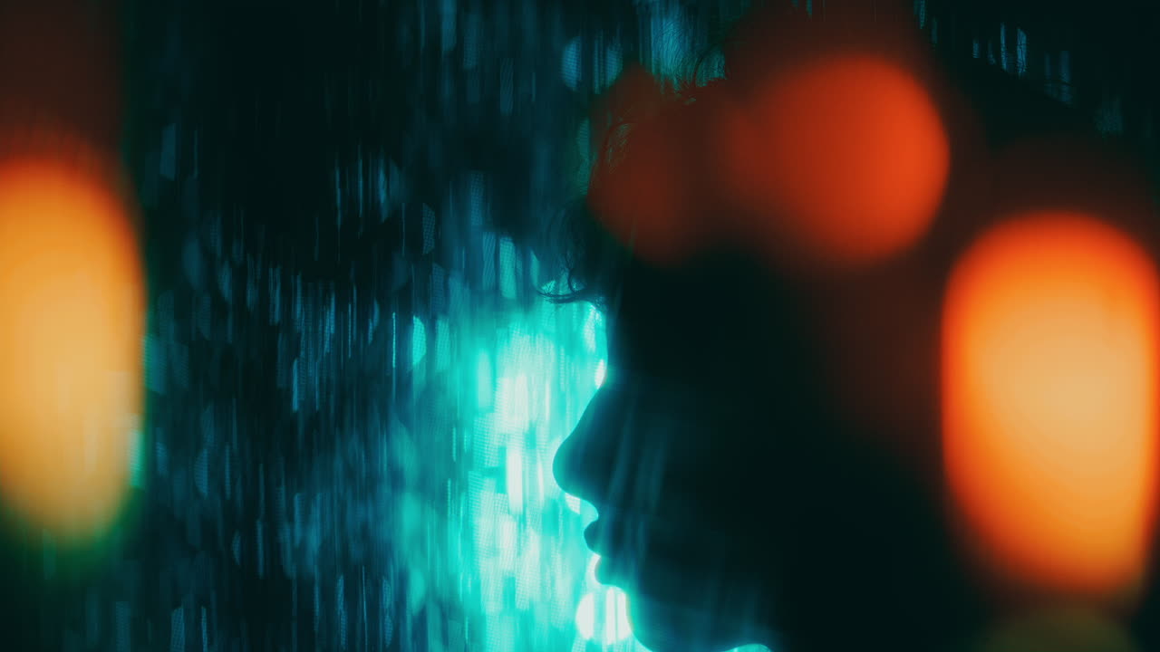 Silhouette of Girl Looking Upward against Glowing Neon Background