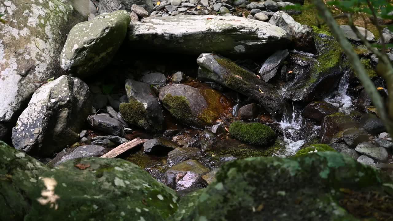 Water flowing through river rocks on a hike, Slowmo