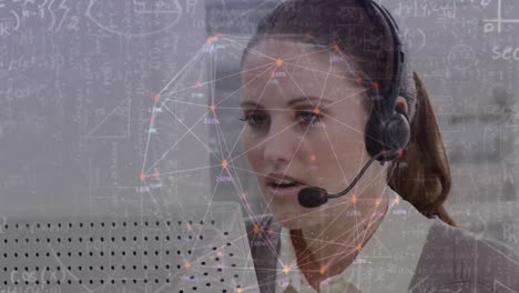 Animation-of-network-of-connections-over-businesswoman-with-headset-in-office