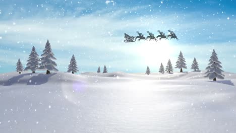 Snow-falling-over-santa-claus-in-sleigh-being-pulled-by-reindeers-against-winter-landscape