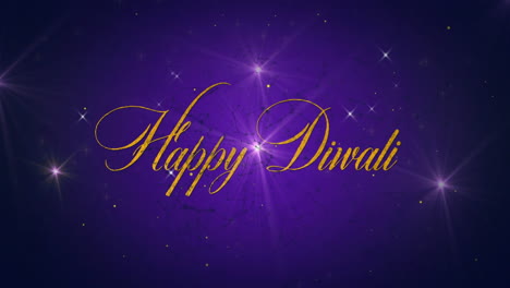 Happy-Diwali-text-animation,-purple-background-with-sparkling-lights-and-green-particles