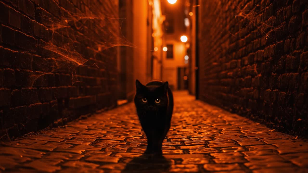 Um Gato Misterioso Passeia por um Beco Enigmático e Mal Iluminado, Iluminado por Postes de Luz Cintilantes e Envolto em um Véu de Teias de Aranha à Noite.