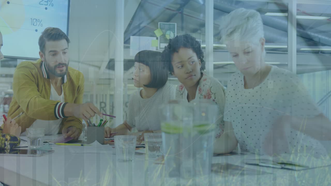 Animation of multiple graphs over diverse coworkers discussing reports in meeting room at office