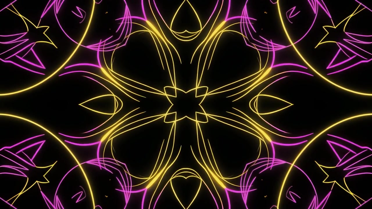 Motivo caleidoscopico astratto al neon con linee gialle e rosa pulsanti
