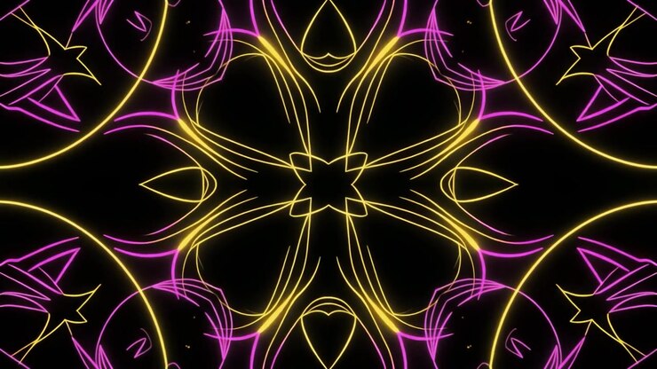 Padrão Abstrato de Caleidoscópio Neon com Linhas Amarelas e Rosas Pulsantes