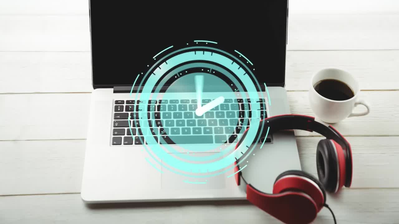 animación del reloj moviéndose sobre el escritorio con auriculares y computadora portátil