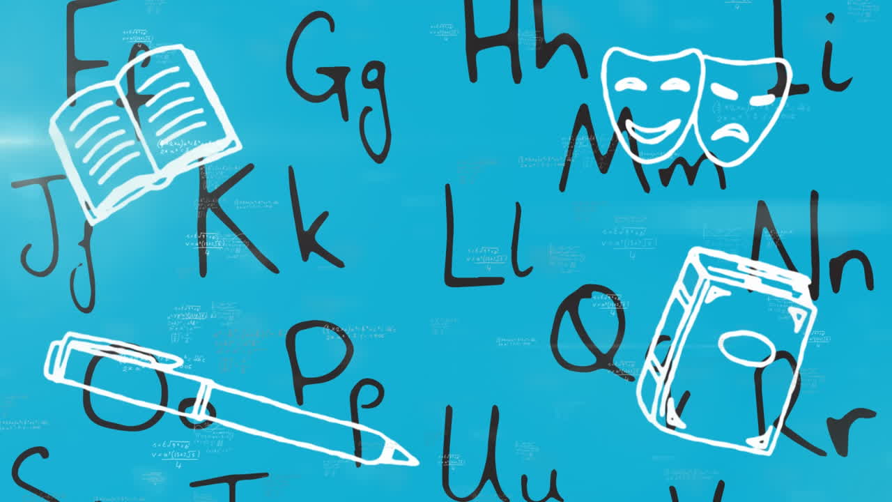 School concept icons and alphabets floating against mathematical equations on blue background