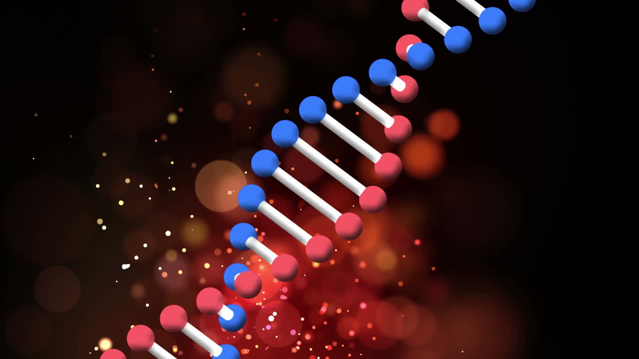 la estructura del adn gira sobre chispas de luz roja contra un fondo negro.