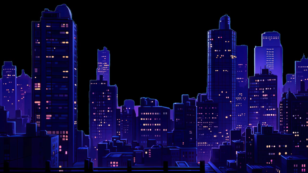 Paesaggio urbano animato di notte con finestre luminose