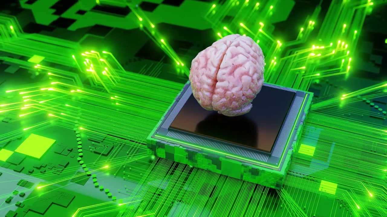 Human brain model on a microchip with glowing neon connections on a green circuit board. Artificial intelligence and technology concept. Design for banner, poster, wallpaper, and header