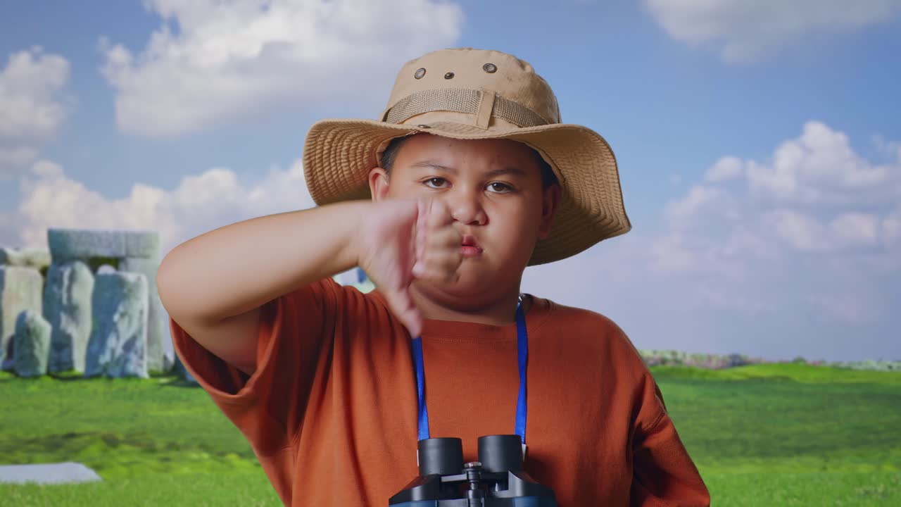Asian Boy With A Hat Showing Thumbs Down Gesture After Looking Through The Binoculars. Boy Researcher Examines Something While Traveling In Stonehenge, Travel Adventure Concept, Close Up