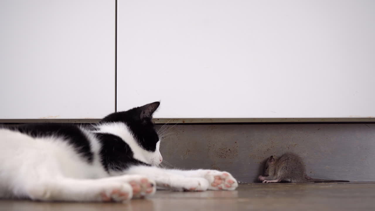 Un gatto europeo a pelo corto che osserva un ratto norvegese marrone seduto immobile sul pavimento di casa.