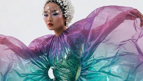 a stunning model showcases a futuristic fashion statement with iridescent textures and intricate hair accessories, captivating the essence of modern elegance