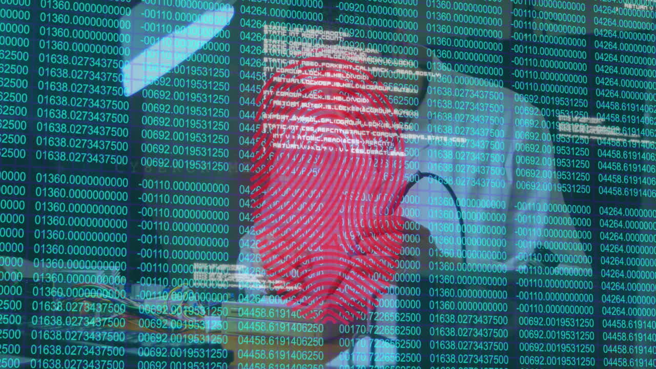 Animation of fingerprint scanner over caucasian male engineer soldering electric circuit board