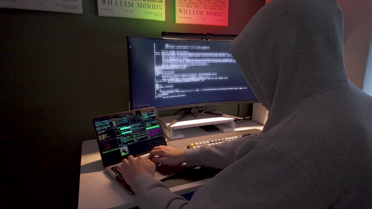 Sideprofil av en hettekledd hacker som koder på en laptop og skjerm med kode og rødgrønn bakgrunnsbelysning