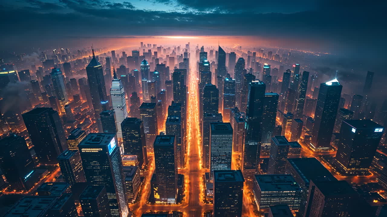 Aerial View of a Modern City Skyline at Night