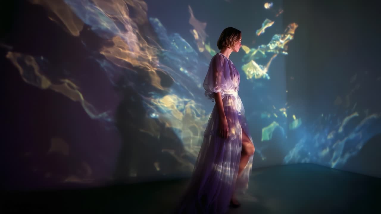 Un'espressione artistica accattivante: un modello in abiti eterei circondato da proiezioni oniriche di luce colorata, che creano un'esperienza visiva ipnotica che trascende la realtà e coinvolge l'immaginazione