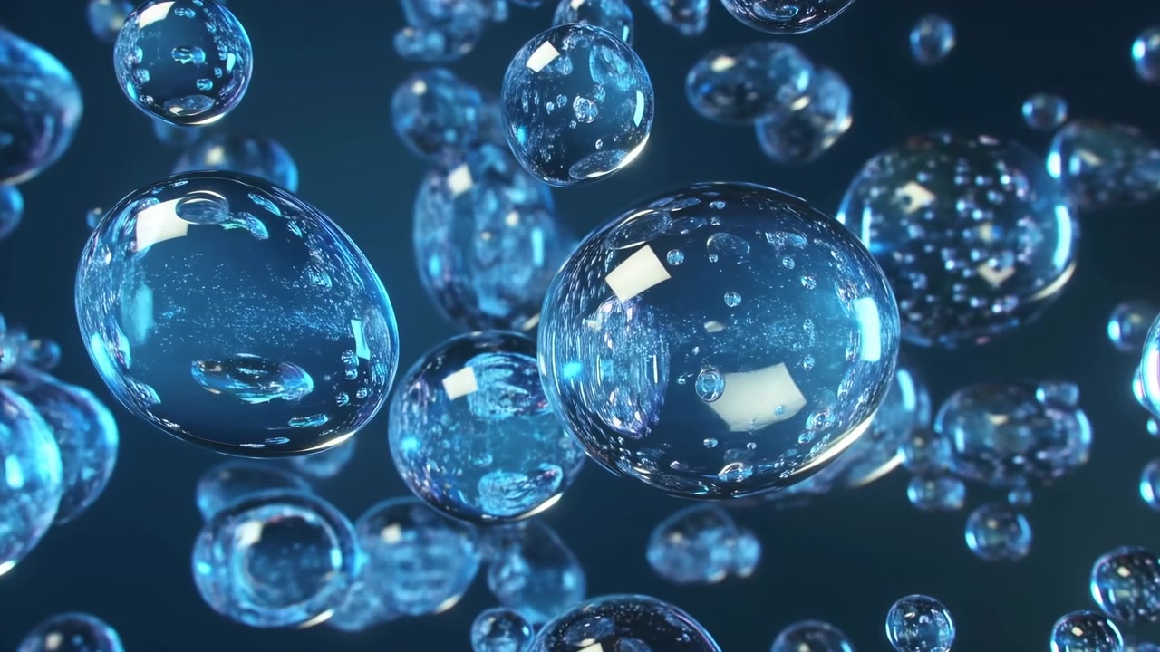 Primo piano di bolle blu trasparenti e goccioline di liquido che fluttuano su uno sfondo scuro, con riflessi lucidi, punti luce soffusi e un aspetto astratto e pulito.