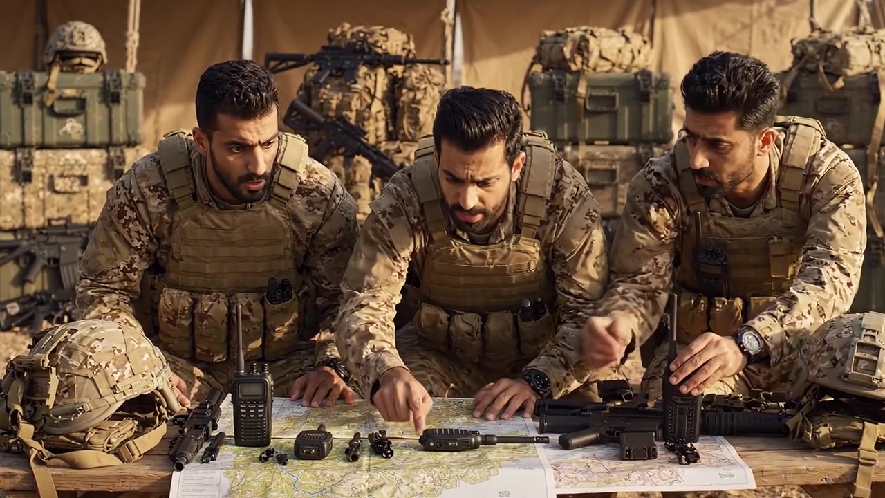Tre soldati che analizzano equipaggiamento tattico e mappe per la pianificazione strategica in un contesto militare, con armi e apparecchiature di comunicazione in mostra.