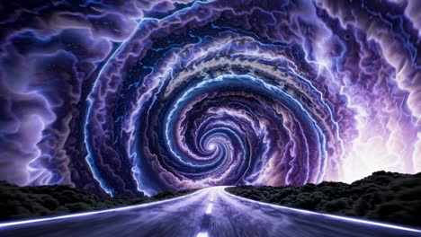 A surreal video concept with a low-angle view of a road leading into a swirling cosmic vortex