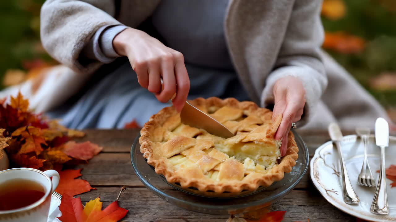 Person cutting a homemade pie during autumn