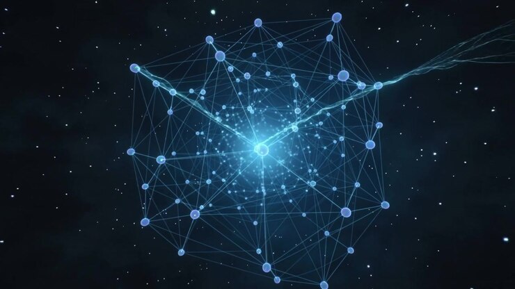 Sending luminous filaments from right, node lattice receiving pulses in starfield to energize core