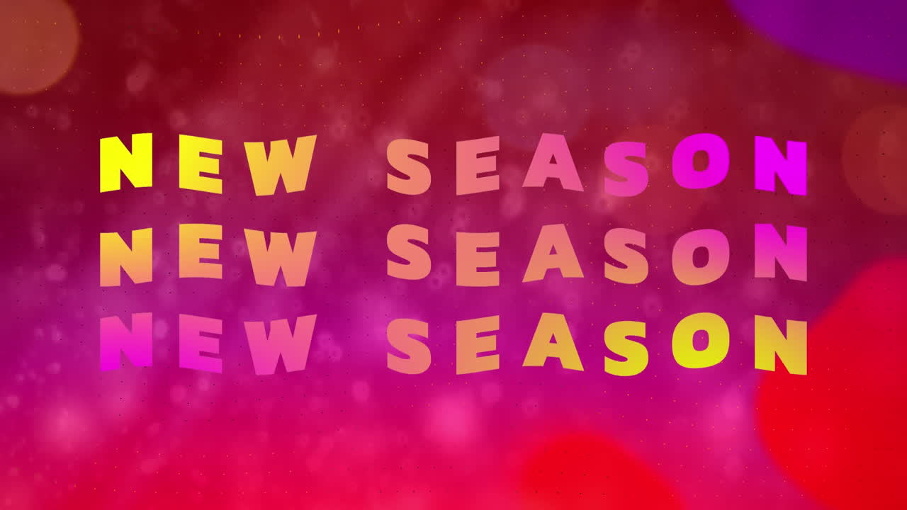 Animación de texto "nueva temporada" sobre puntos coloridos en un fondo rojo
