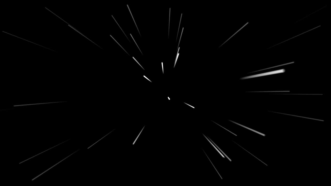 Seamless loop animation of thick white light streaks or stars radiating rapidly outwards from center on black. Hyperspace warp speed or sci-fi background